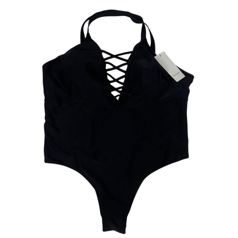 Ekouaer Black Lace Up One-Piece Swimsuit Halter Neck Padded Monokini XXL NWT